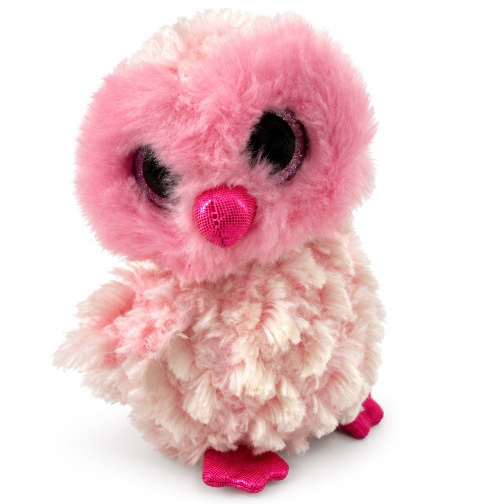 Ty Beanie Boos Pinky the Owl Pink White Shaggy Plush Bird Glitter Eyes 6 inch